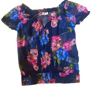 Hollister navy floral sheer womens short sleeve medium blouse